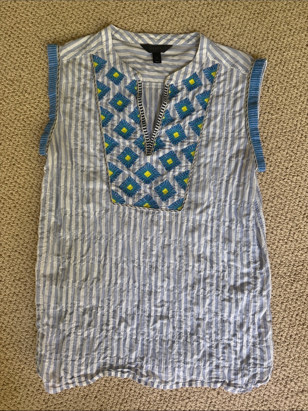 J.Crew Sleeveless Blue Stripe Embroidered Tunic Top